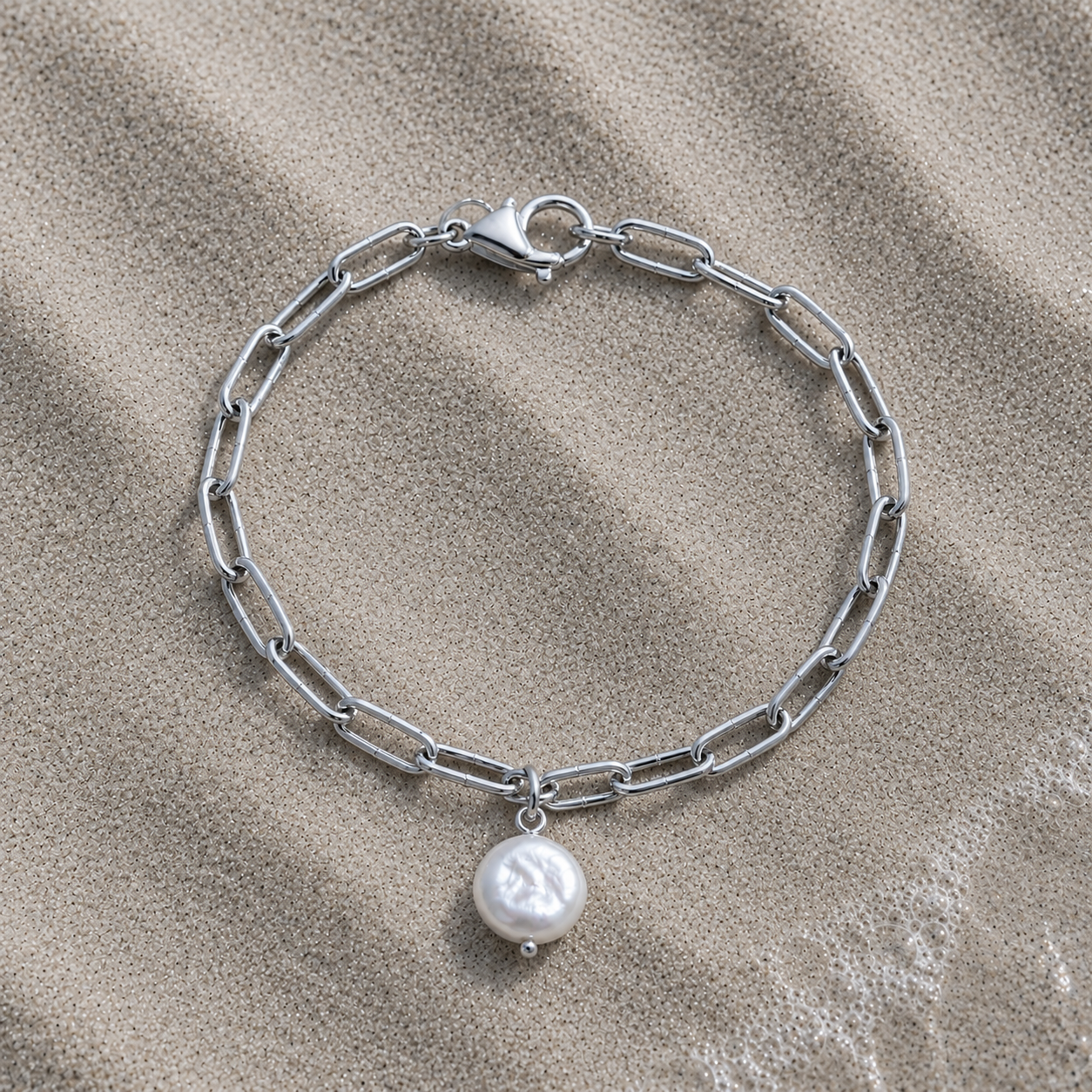 Fresh water pearl mint paper clip Stainless steel bracelet