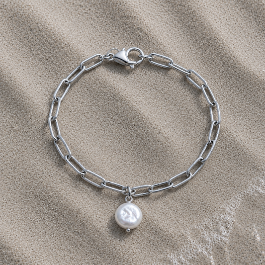 Fresh water pearl mint paper clip Stainless steel bracelet