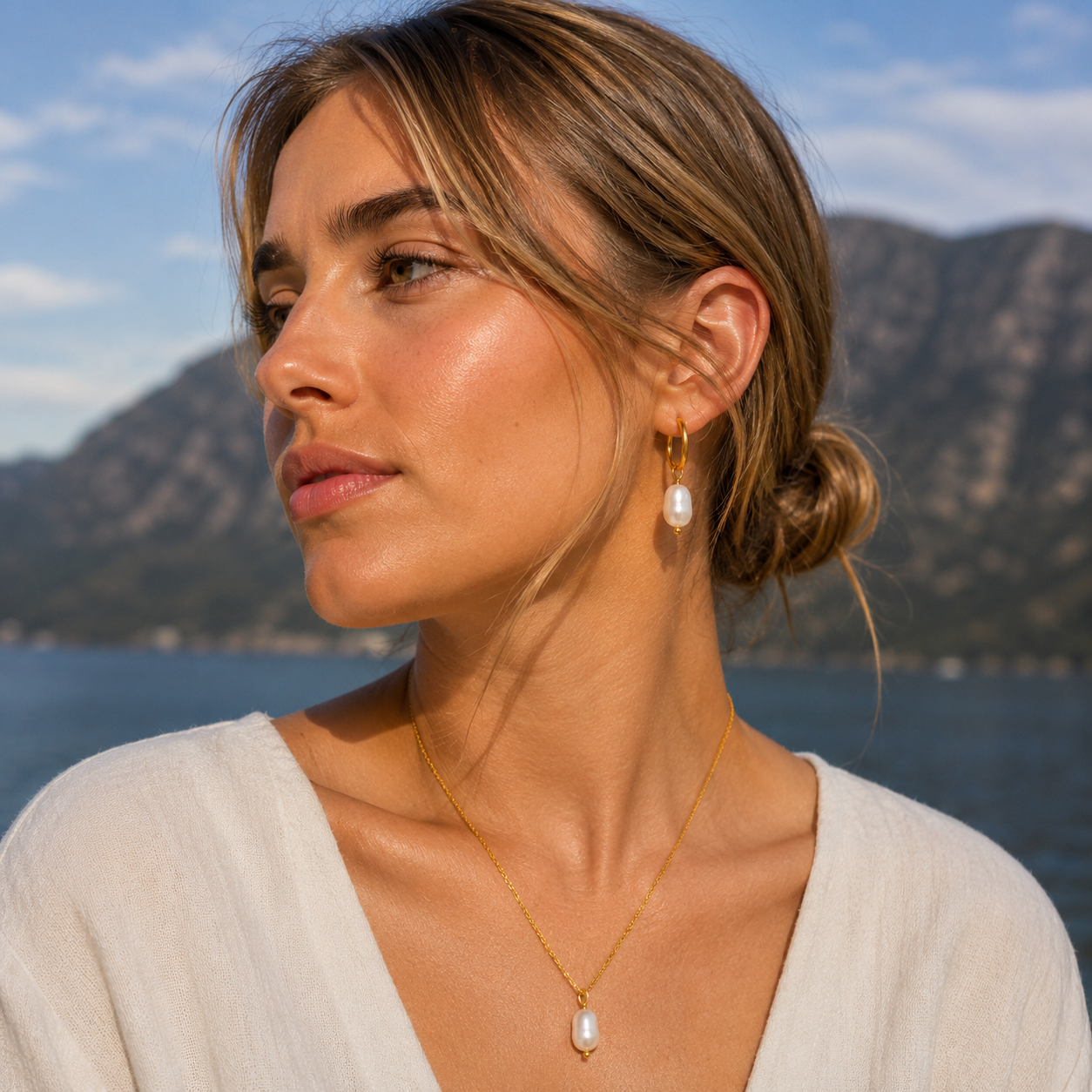 Fresh water pearls coins on Gold Stainless Steel Hoops