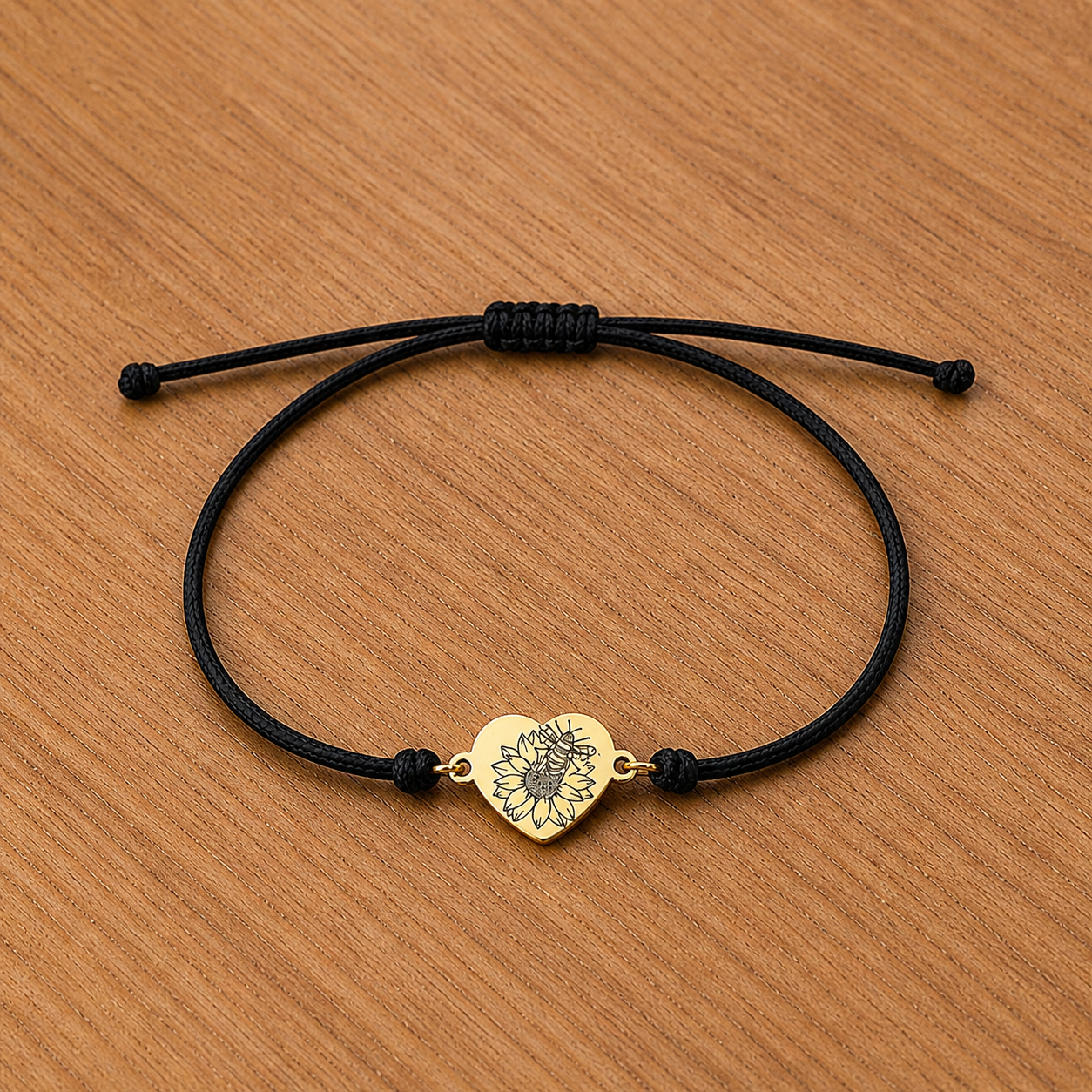Bumble bee on sunflower on heart 14x12mm golden on thin cord  black