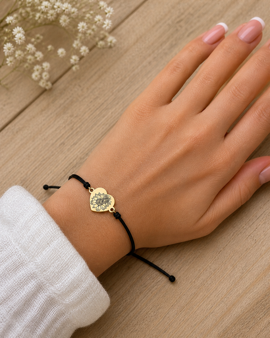 Bumble bee on sunflower on heart 14x12mm golden on thin cord  black