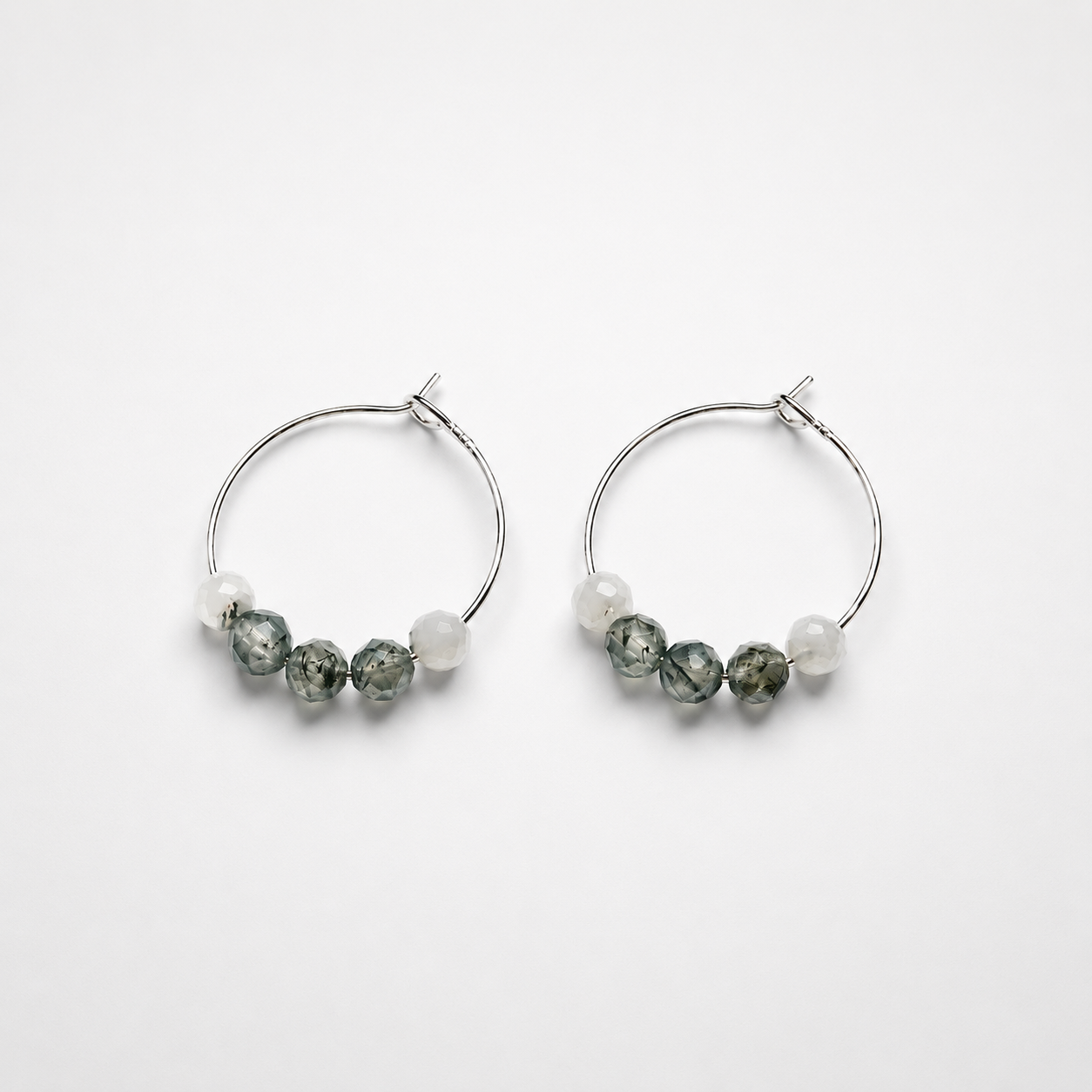 5x Agate Moss 4mm stone beads on 925 Silver hoops 20mm assorted