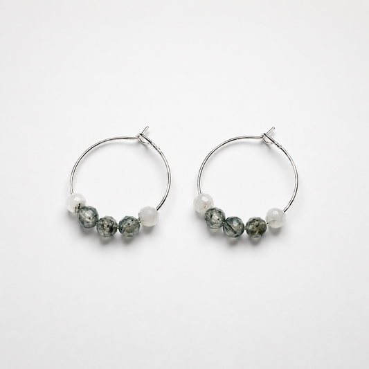 5x Agate Moss 4mm stone beads on 925 Silver hoops 20mm assorted