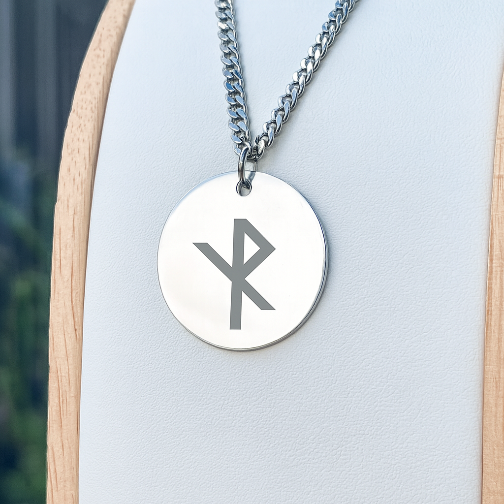 Single rune- Safe travels 25mm round on 50cm thick chain Stainless Steel