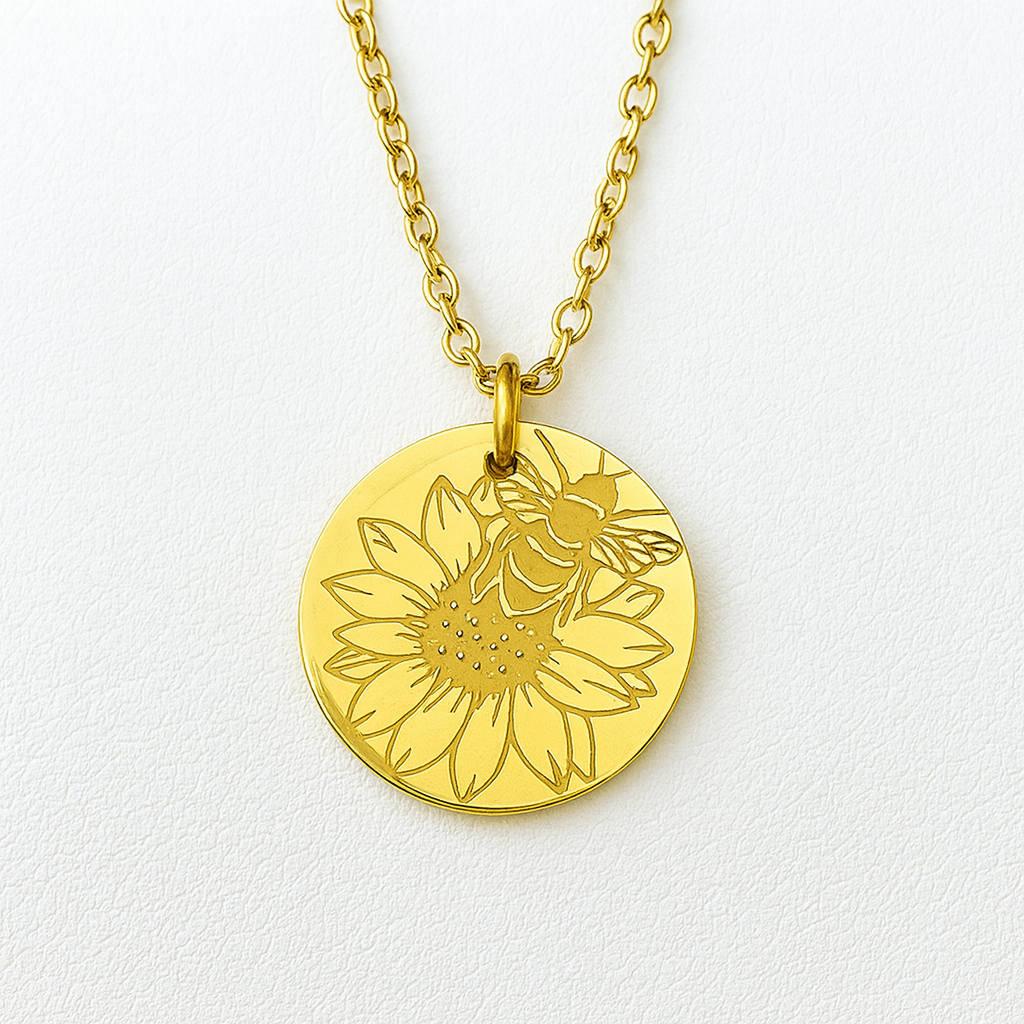 Bumble bee on Sunflower round necklace- Stainless Steel