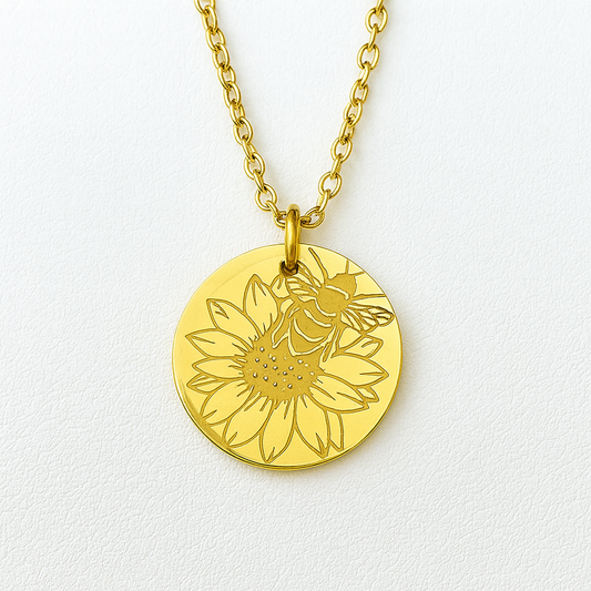 Bumble bee on Sunflower round necklace- Stainless Steel