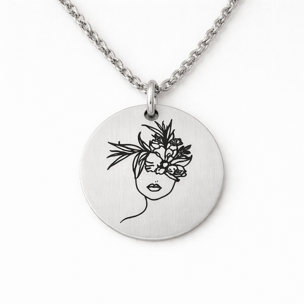 Head with flowers growing out necklace - Stainless Steel