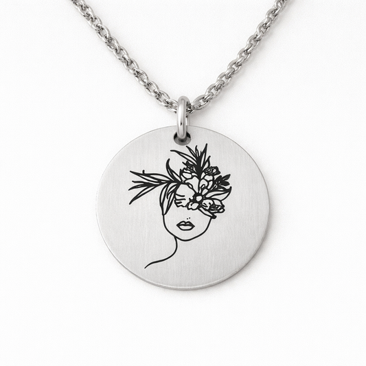 Head with flowers growing out necklace - Stainless Steel