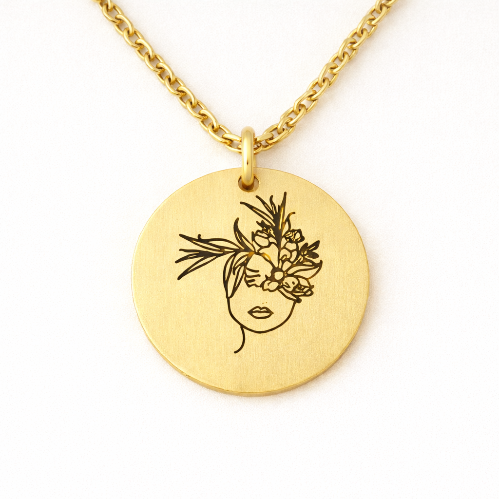 Head with flowers growing out necklace - Stainless Steel
