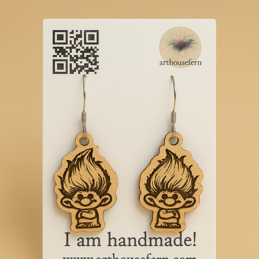Cute trolls 22x37mm wooden earrings 925 silver wires