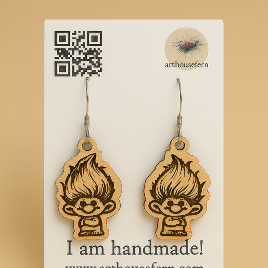 Cute trolls 22x37mm wooden earrings 925 silver wires