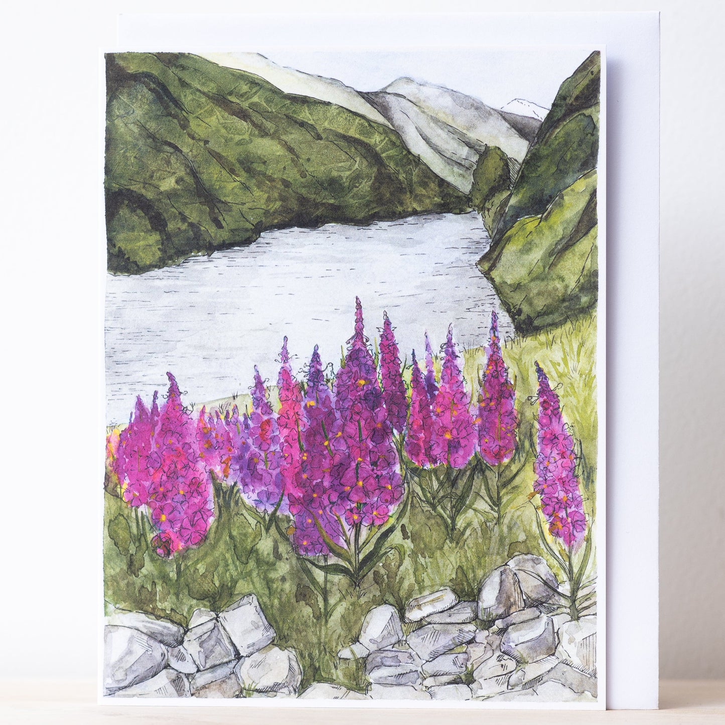 Scenery card- Flåm  river and Fireweeds