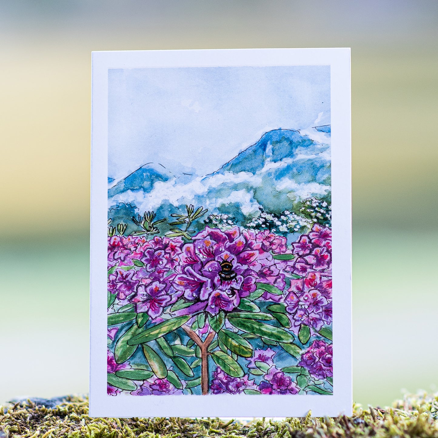 Scenery card- Rhododendron bush at Flåm port with bumble bee