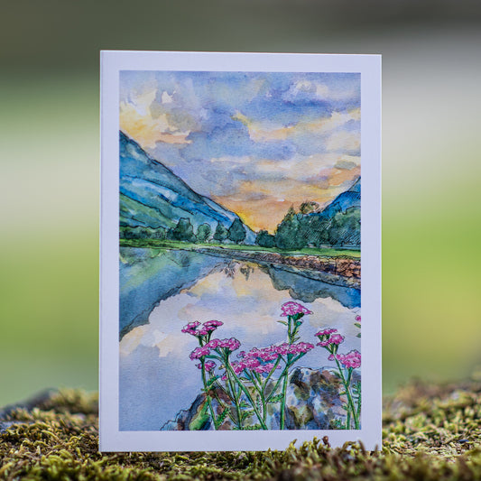 Scenery card- Lærdal River with Pink Yarrows during summer sunset
