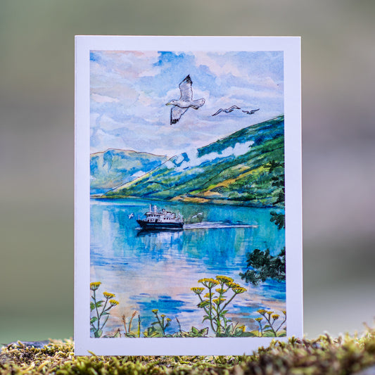 Scenery card- Lady Elizabeth boat with seagulls flying above