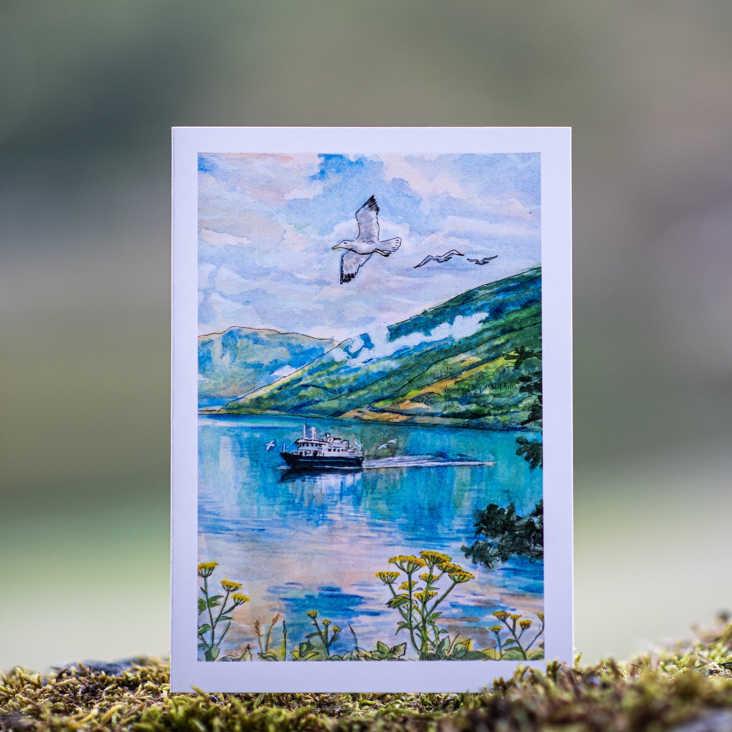 Scenery card- Lady Elizabeth boat with seagulls flying above