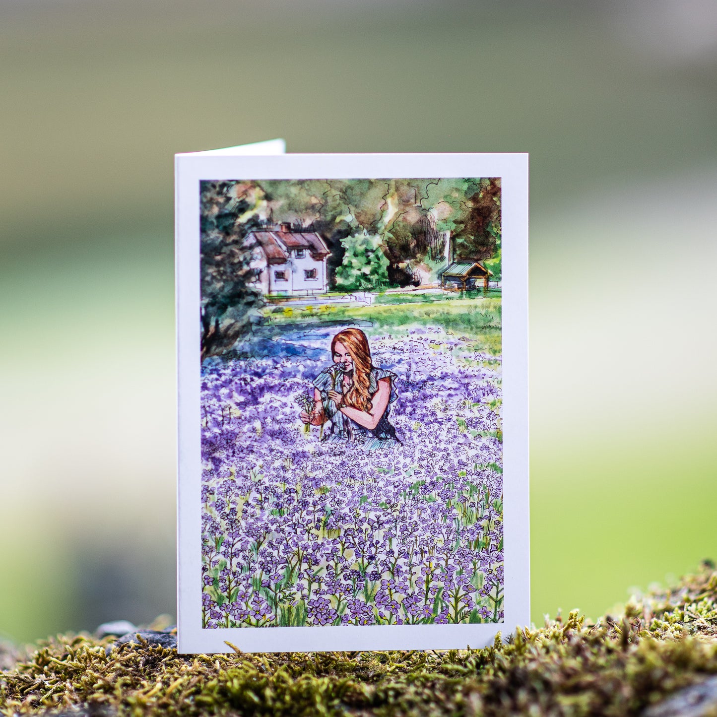 Scenery card- Izabella picking cuckoo flowers in Flåm