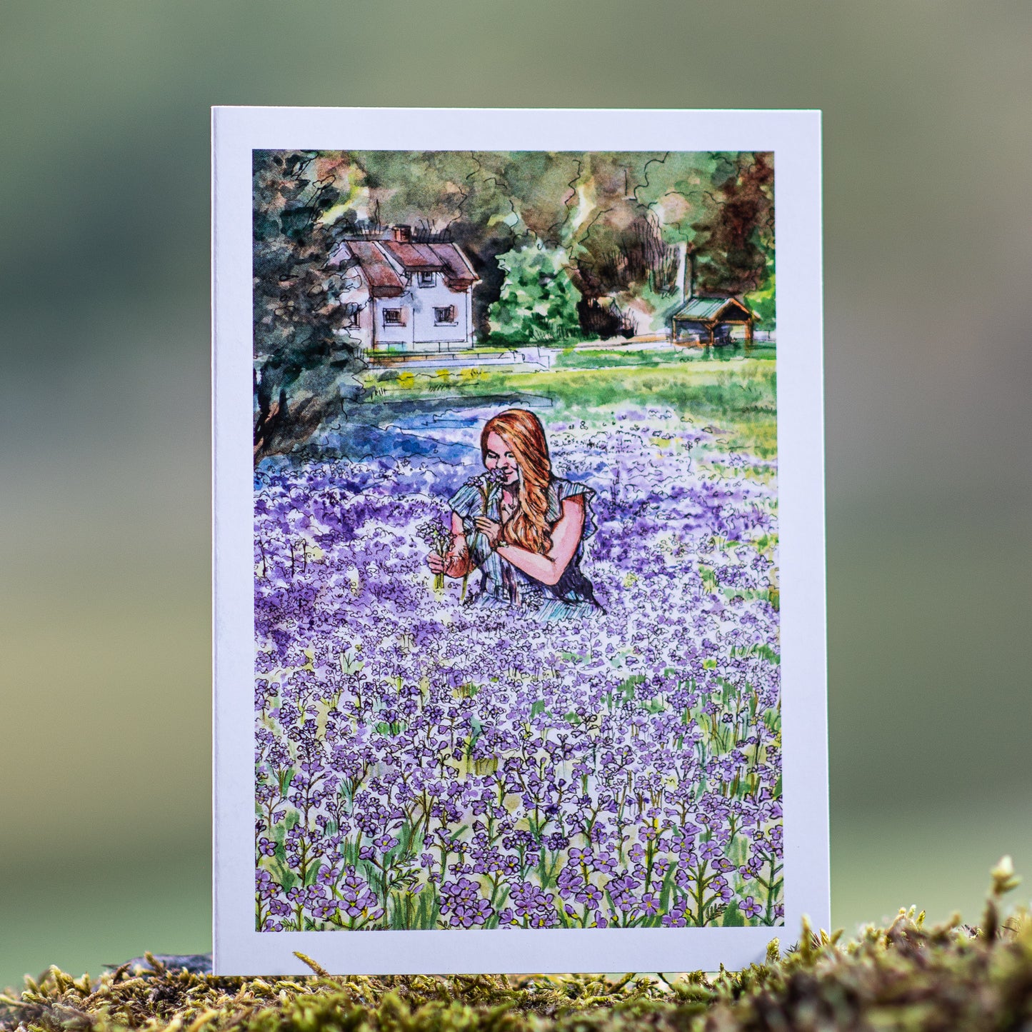 Scenery card- Izabella picking cuckoo flowers in Flåm