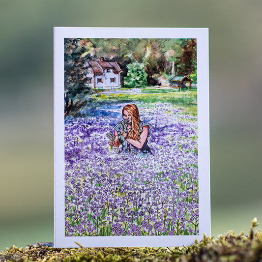 Scenery card- Izabella picking cuckoo flowers in Flåm