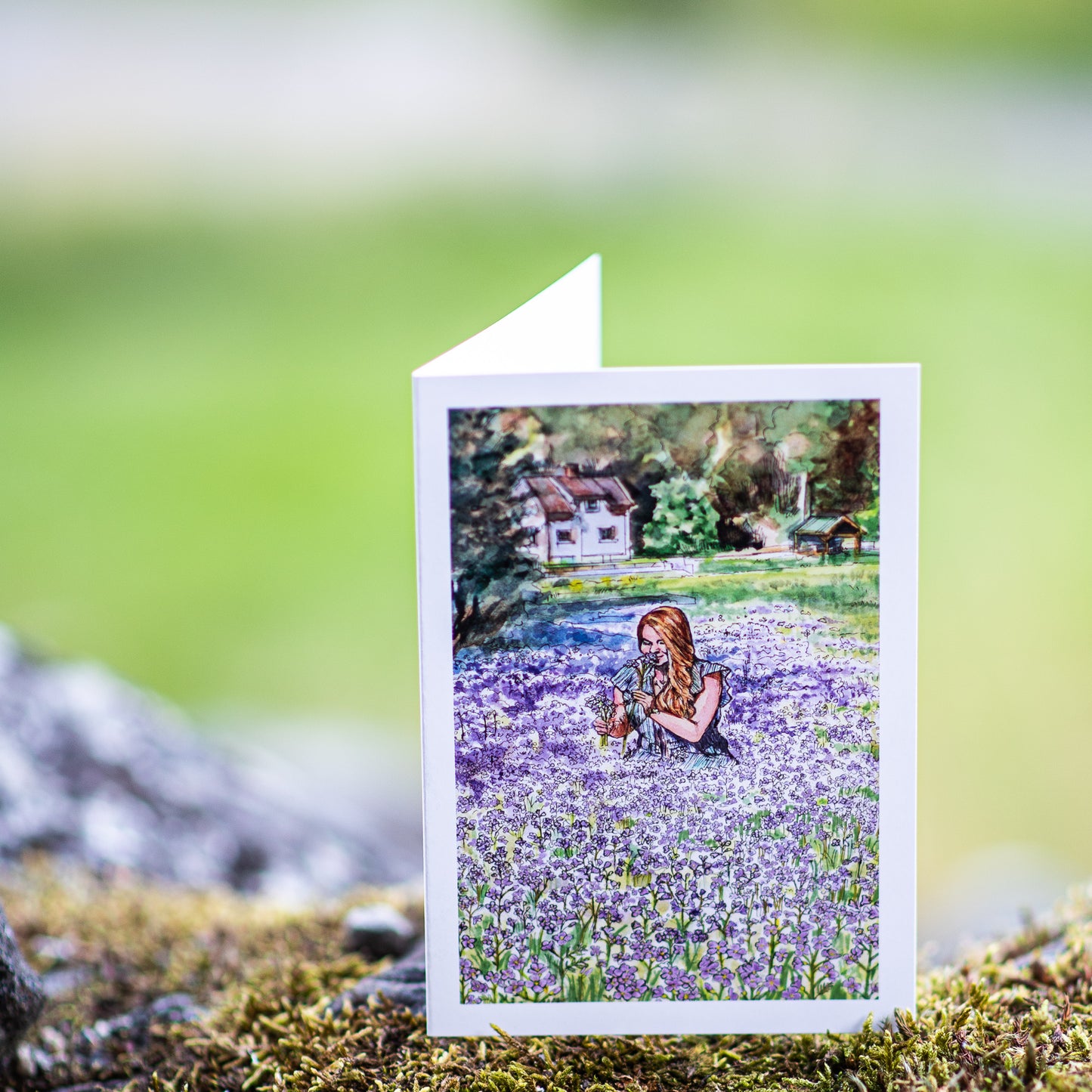 Scenery card- Izabella picking cuckoo flowers in Flåm