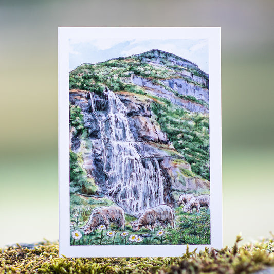 Scenery card- Brekkefossen with sheeps and daisies