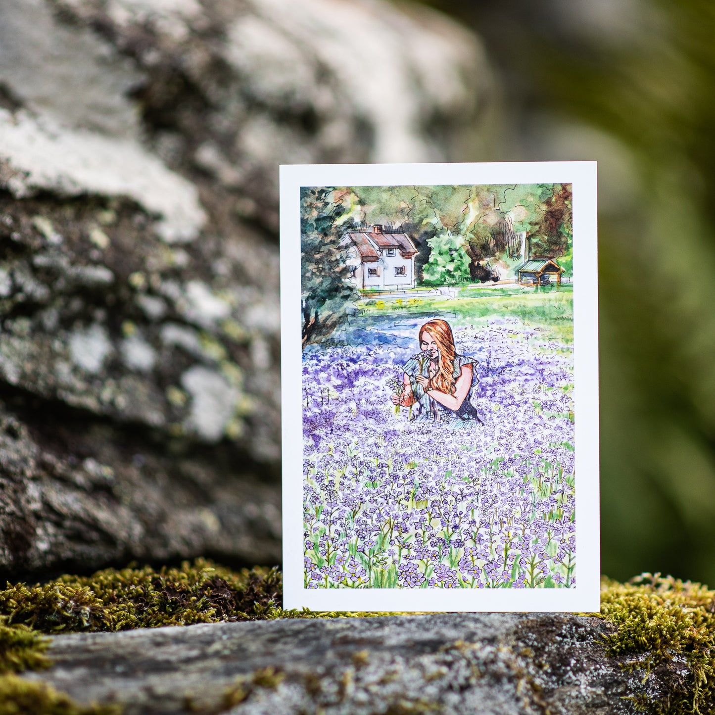 Scenery card- Izabella picking cuckoo flowers in Flåm