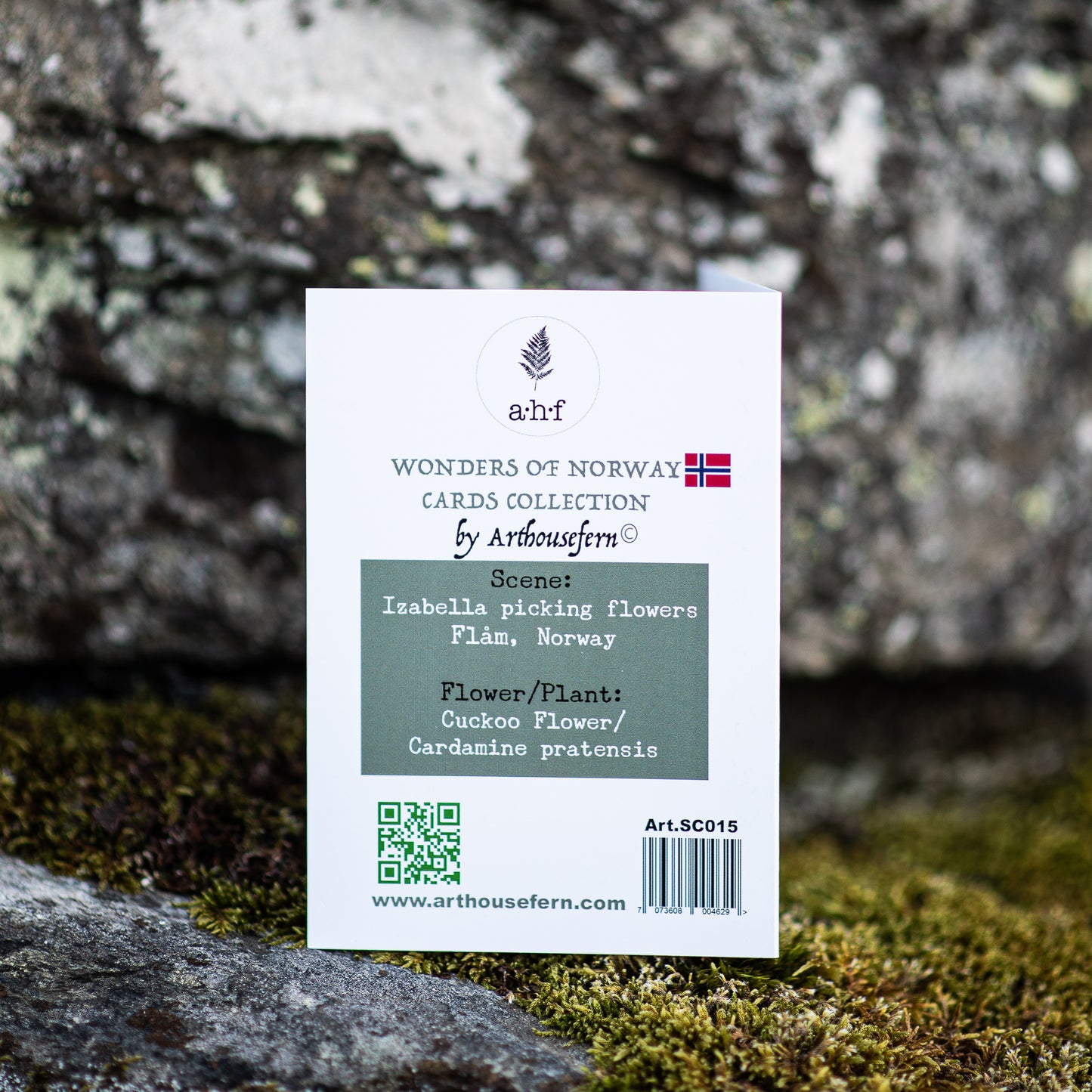 Scenery card- Izabella picking cuckoo flowers in Flåm