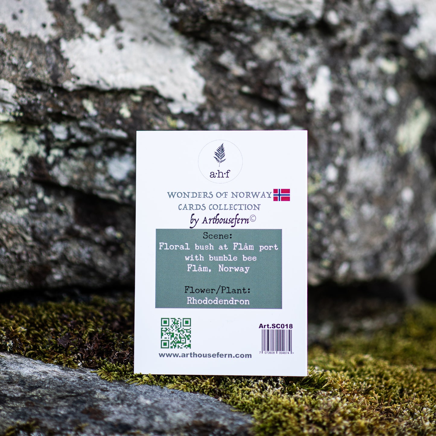 Scenery card- Rhododendron bush at Flåm port with bumble bee