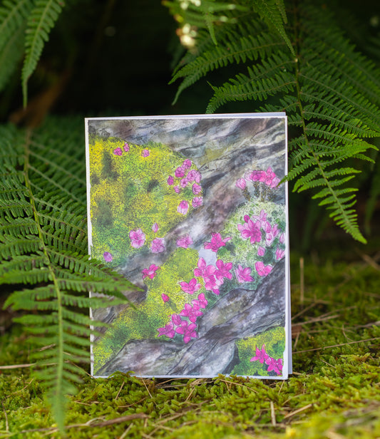 Tarjeta de felicitación "Azalea alpina, musgo y piedras"