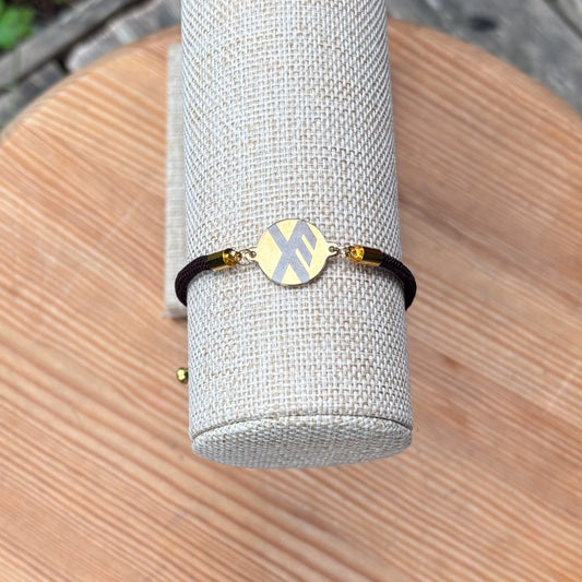 Good luck rune round 21mm golden SS textile cord brown