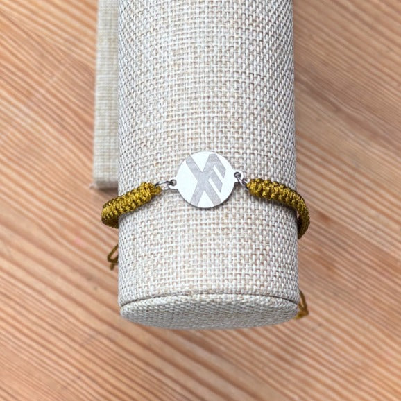 Good luck rune round 21mm silver on XL braided cord ocre yellow Mens bracelet