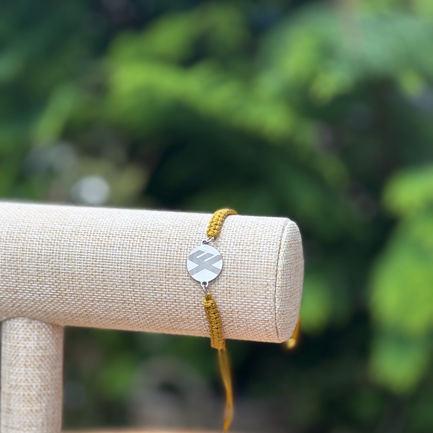 Good luck rune round 21mm silver on XL braided cord ocre yellow Mens bracelet