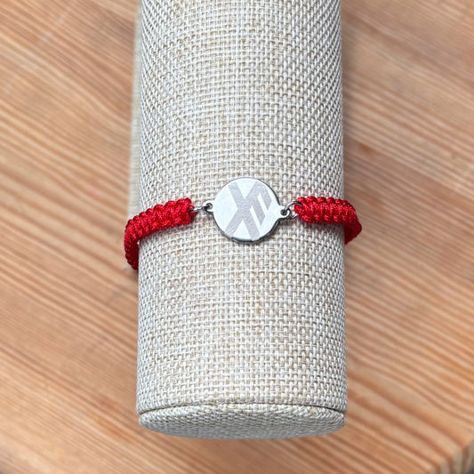 Good luck rune round 21mm silver on XL braided cord red Mens bracelet