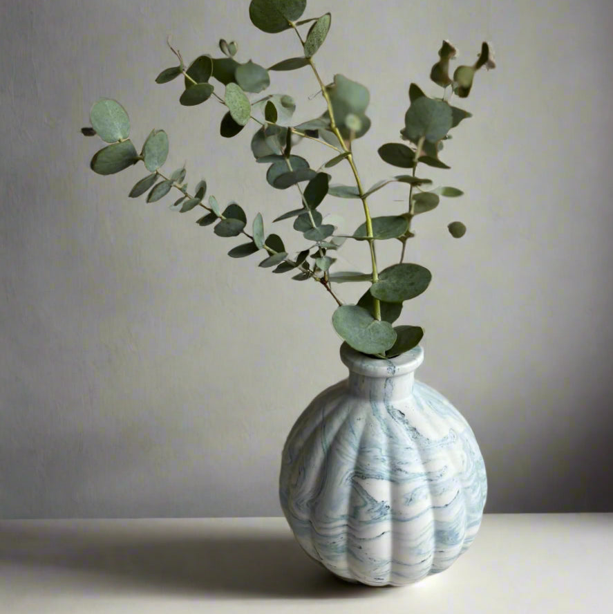 Short vase for dried flowers- Teal blue marble