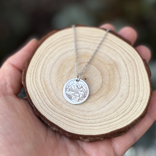 Deer by the river necklace scored- Stainless Steel