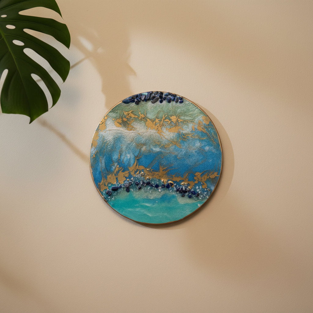 Wall art Aqua blue and gold with Sodalite stones RESIN SALE