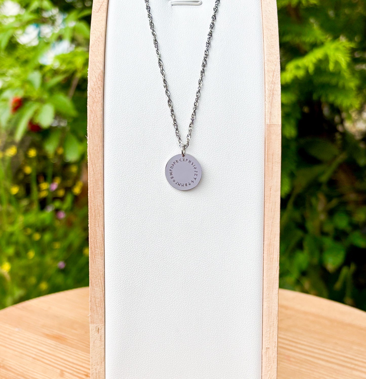 Runes going in circle on 14mm round Stainless Steel on 45cm rope chain