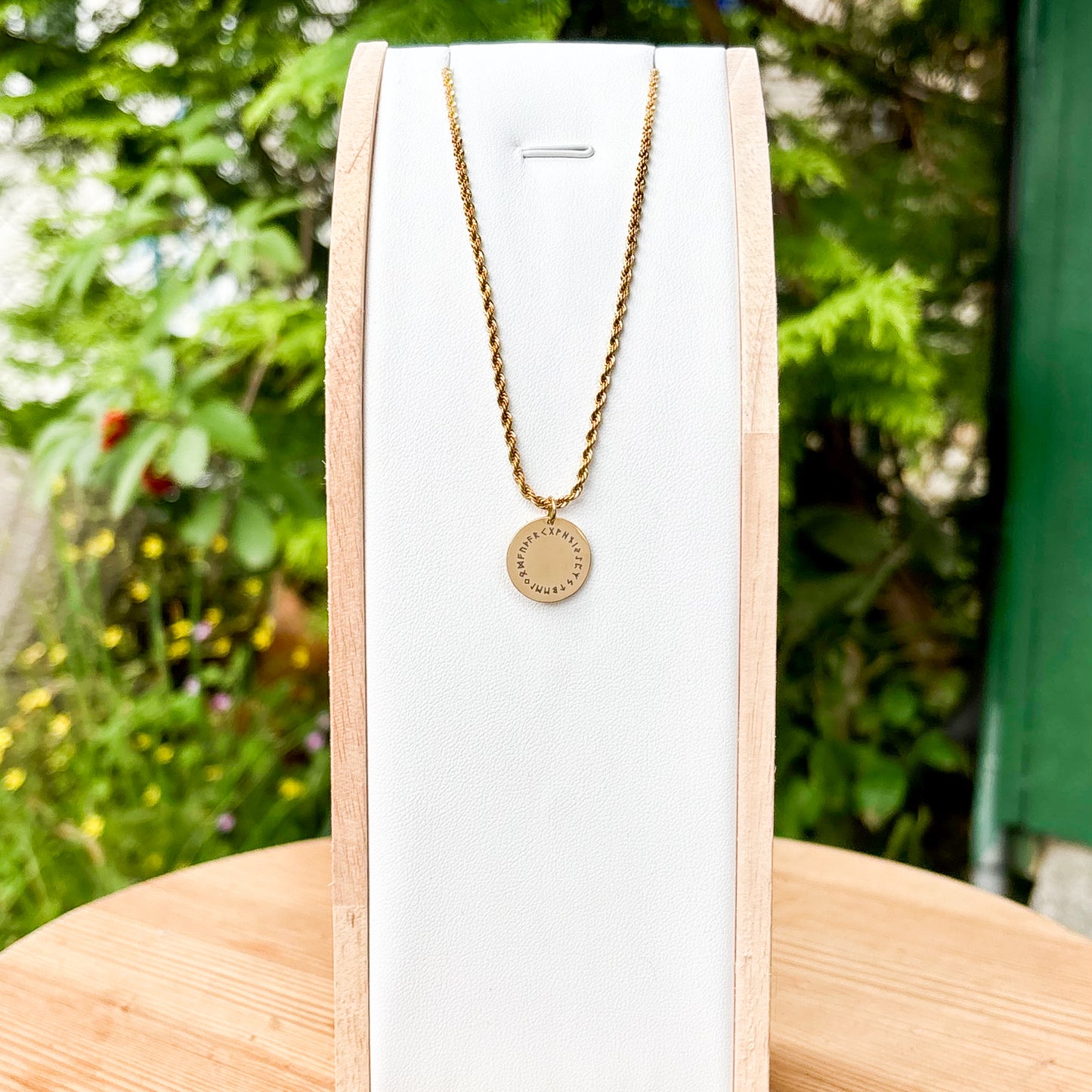 Runes going in circle on 14mm round Stainless Steel on 45cm rope chain