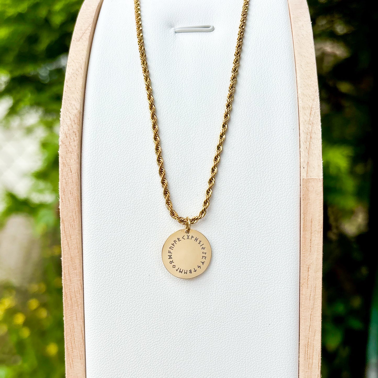 Runes going in circle on 14mm round Stainless Steel on 45cm rope chain