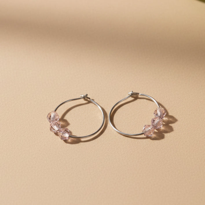 3 Mini Pink Czech Crystals on 925 Silver hoops 15mm