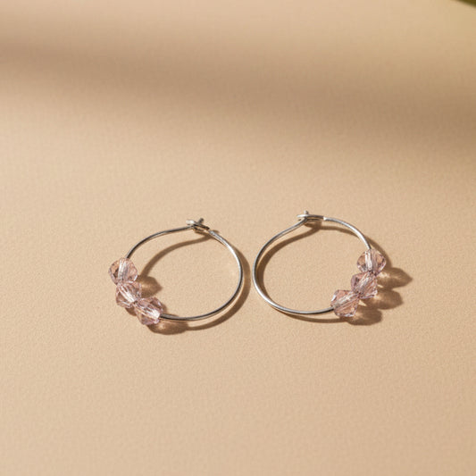 3 Mini Pink Czech Crystals on 925 Silver hoops 15mm