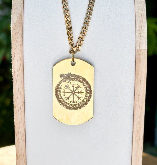 Ouroboros in vegvisir soldier tag necklace - Stainless steel