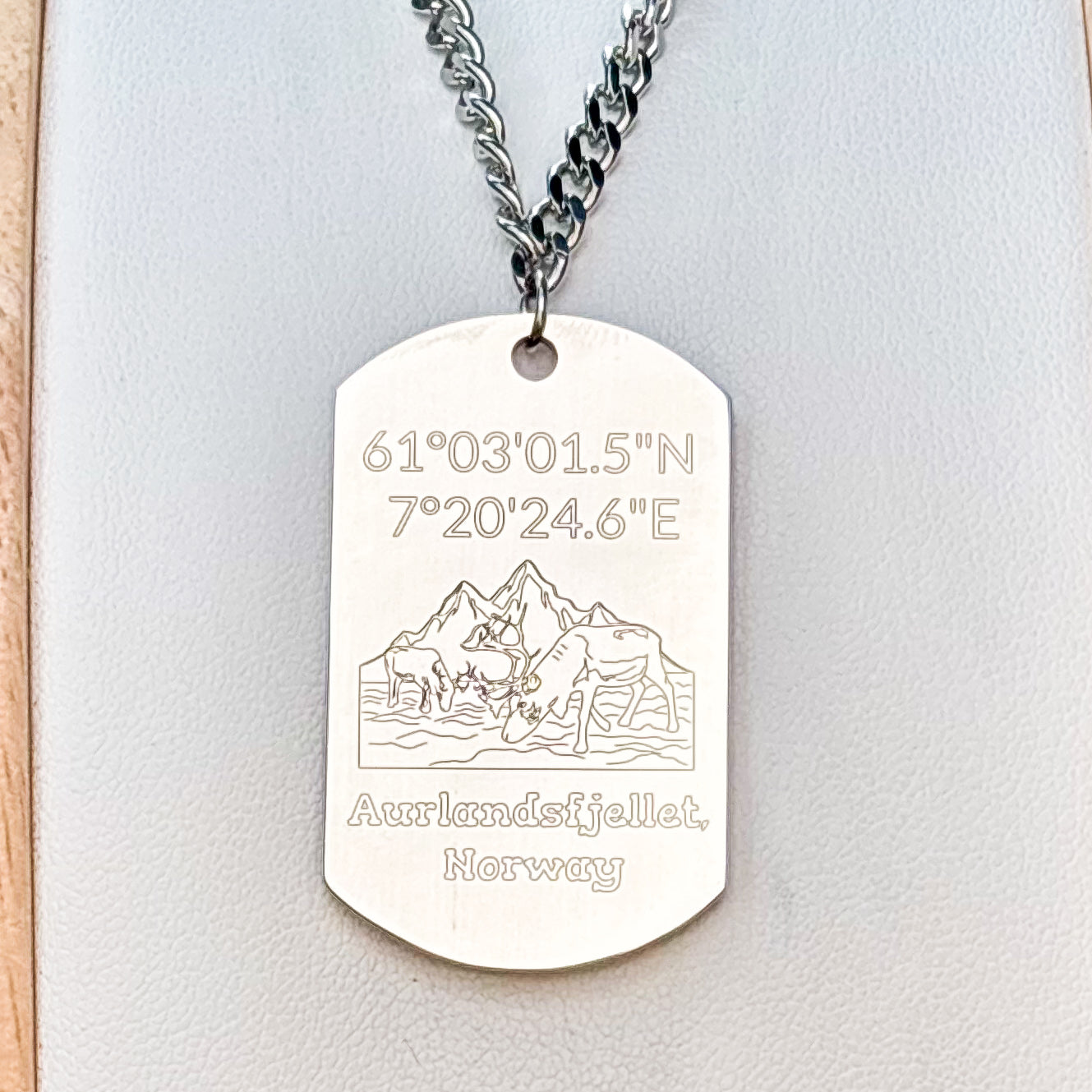 Aurlandsfjellet with deers on soldier tag - Stainless Steel