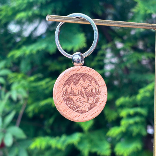 Deer by the river 35X35mm round wooden keychain