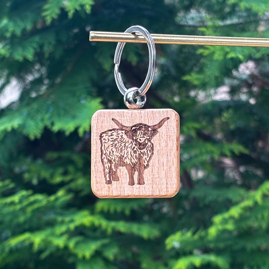 Hairy cow wooden keychain 38x38mm square