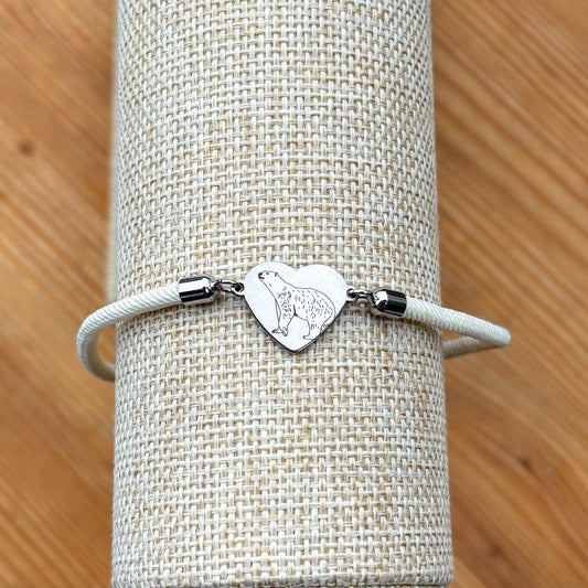 Polar bear 14x12mm heart silver on thick cord creamy white