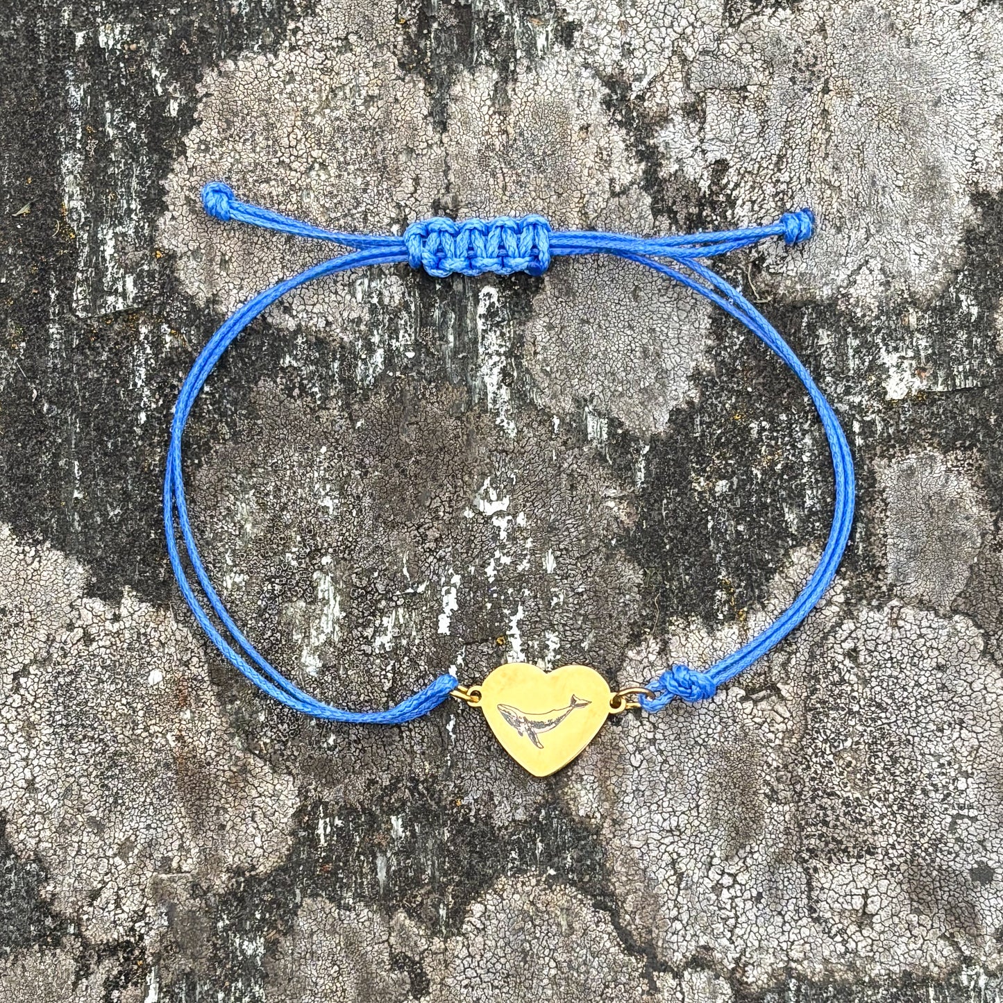 Whale on heart 14x12mm golden on thin cord blue