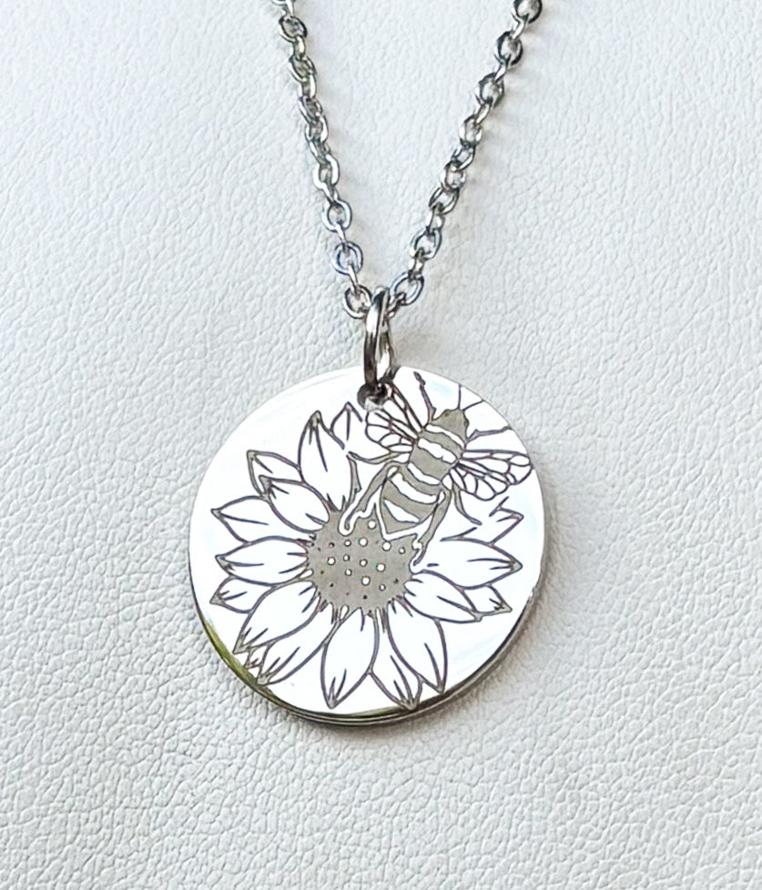 Bumble bee on Sunflower round necklace- Stainless Steel