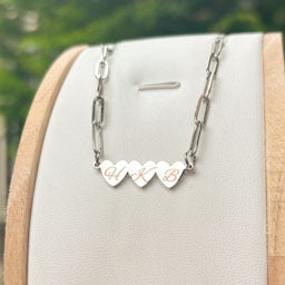 3 Hearts engraved with CUSTOM TEXT paperclip chain necklace- Stainless Steel