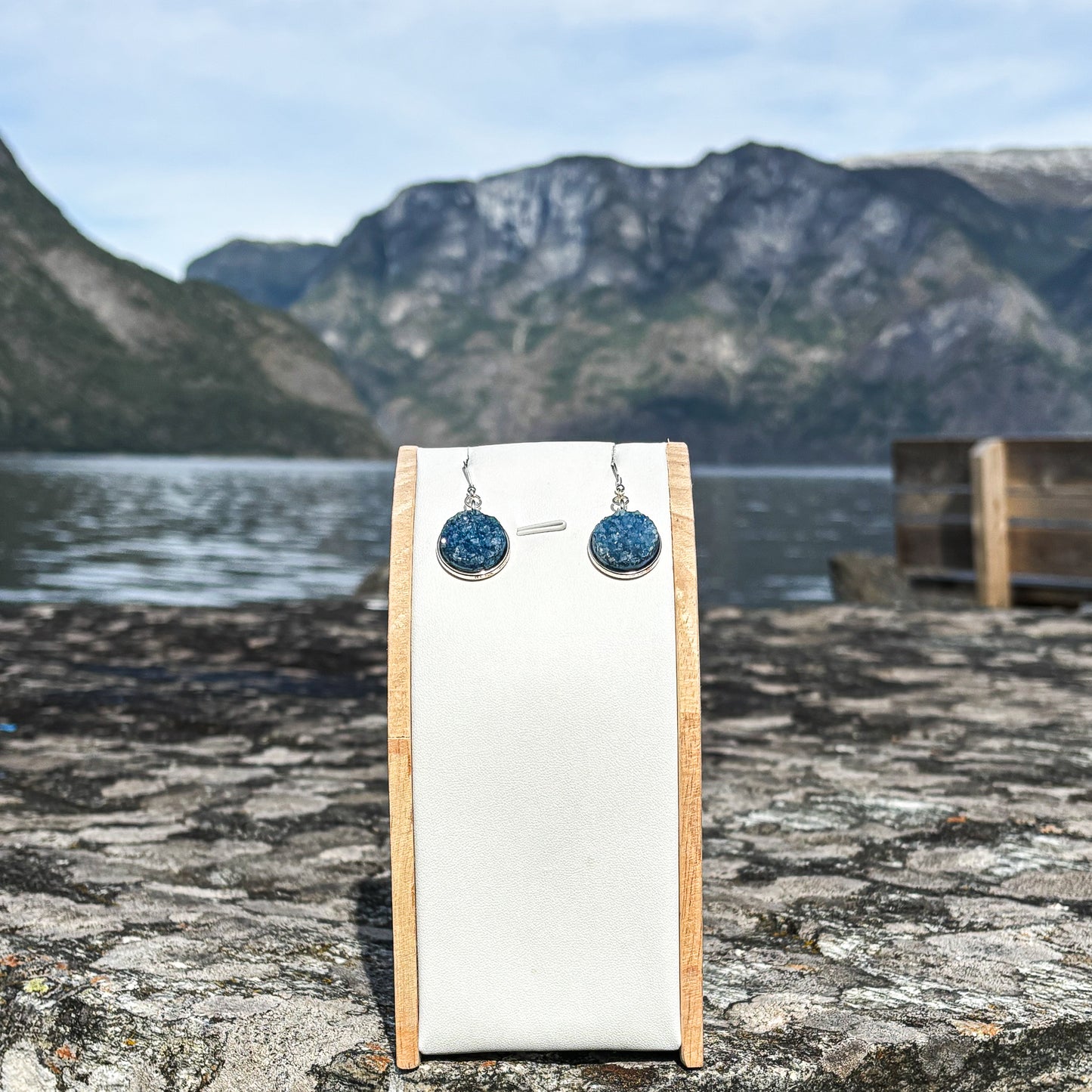 Agate druzy teal blue 16mm earrings